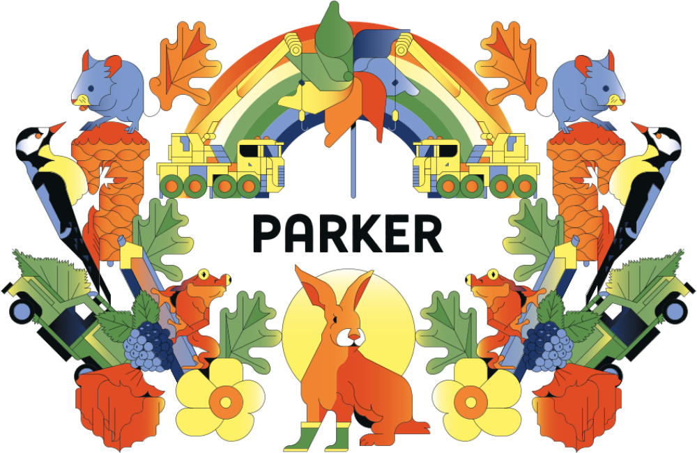 Kleurrijke illustratie rond de naam Parker, met een haas, vogels, kikkers, een regenboog, bloemen en graafmachines.